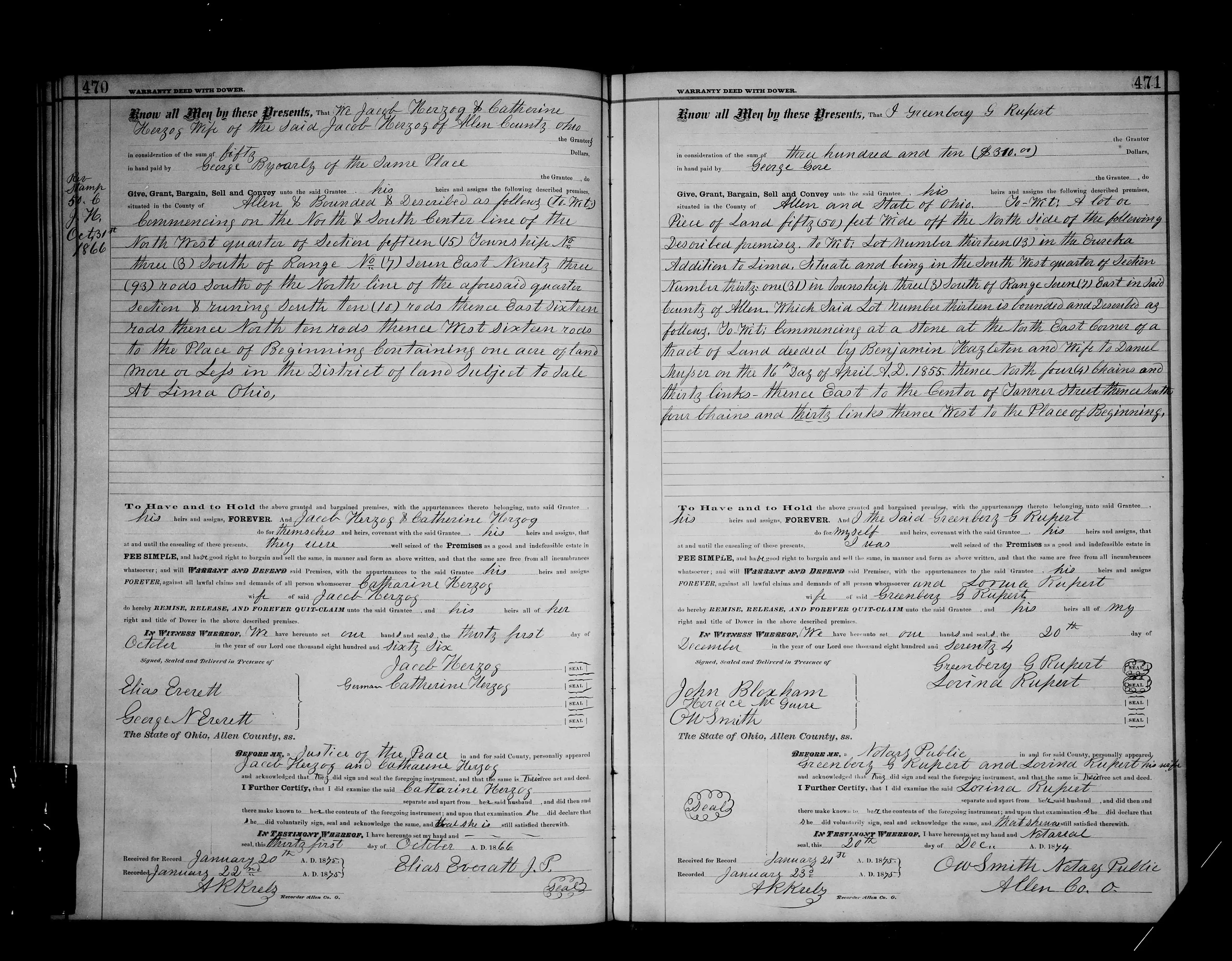 Greenberry G. Rupert and Lavina Hyre Rupert City Of Lima, Ohio Inlot Sold To George Gore, 12-20-1874